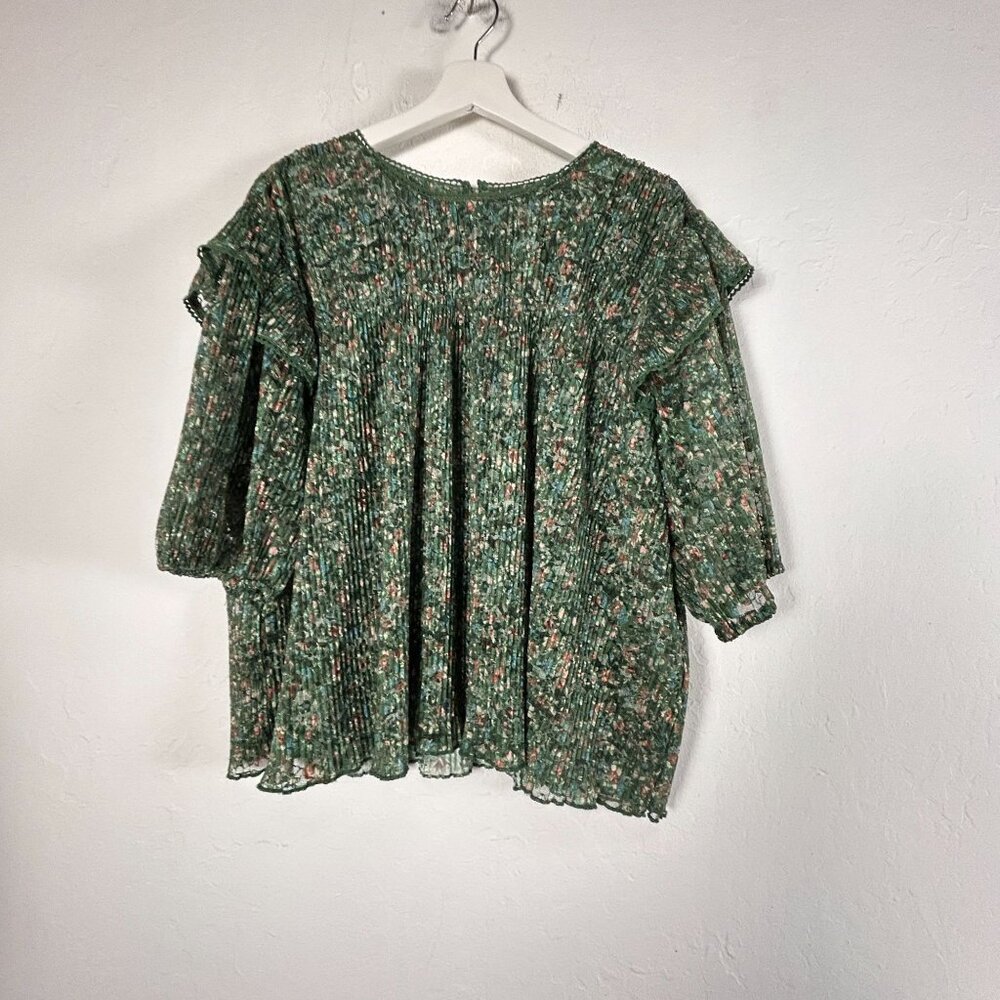 Green Floral Pleated Women’s Blouse